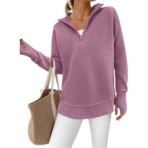 PRETTYGARDEN Womens Long Sleeve Quarter Zip Pullover Sweater Casual Loose V Neck Collared Ribbed Knit Jumper Tops Thumb Hole(Light Purple)
