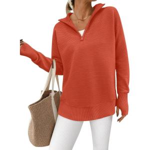 PRETTYGARDEN Womens Long Sleeve Quarter Zip Pullover Sweater Casual Loose V Neck Collared Ribbed Knit Jumper Tops Thumb Hole(Orange)