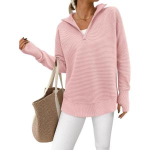 PRETTYGARDEN Womens Long Sleeve Quarter Zip Pullover Sweater Casual Loose V Neck Collared Ribbed Knit Jumper Tops Thumb Hole(Pink)