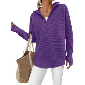 PRETTYGARDEN Womens Long Sleeve Quarter Zip Pullover Sweater Casual Loose V Neck Collared Ribbed Knit Jumper Tops Thumb Hole(Purple)