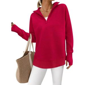 PRETTYGARDEN Womens Long Sleeve Quarter Zip Pullover Sweater Casual Loose V Neck Collared Ribbed Knit Jumper Tops Thumb Hole(Red)
