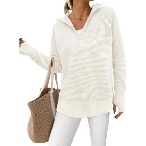 PRETTYGARDEN Womens Long Sleeve Quarter Zip Pullover Sweater Casual Loose V Neck Collared Ribbed Knit Jumper Tops Thumb Hole(White)