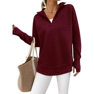PRETTYGARDEN Womens Long Sleeve Quarter Zip Pullover Sweater Casual Loose V Neck Collared Ribbed Knit Jumper Tops Thumb Hole(Wine Red)