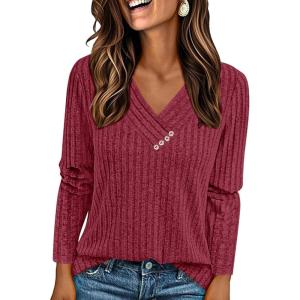 PRETTYGARDEN Women’s Long Sleeve Shirts 2026 Fall Fashion Clothes Ribbed V Neck Spring Loose Tunic Tops Lightweight Sweaters(Burgundy)