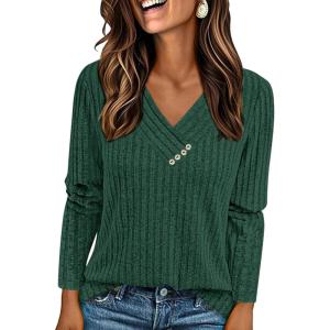 PRETTYGARDEN Women’s Long Sleeve Shirts 2026 Fall Fashion Clothes Ribbed V Neck Spring Loose Tunic Tops Lightweight Sweaters(Dark Green)