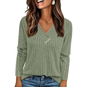 PRETTYGARDEN Women’s Long Sleeve Shirts 2026 Fall Fashion Clothes Ribbed V Neck Spring Loose Tunic Tops Lightweight Sweaters(Green)