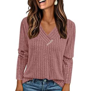 PRETTYGARDEN Women’s Long Sleeve Shirts 2026 Fall Fashion Clothes Ribbed V Neck Spring Loose Tunic Tops Lightweight Sweaters(Pink)