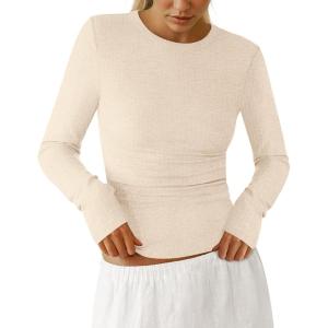PRETTYGARDEN Womens Long Sleeve Shirts 2026 Ribbed Knit Slim Fitted Basic Tee Casual Going Out Tops Underscrubs Fall Clothing(Beige)