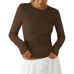 PRETTYGARDEN Womens Long Sleeve Shirts 2026 Ribbed Knit Slim Fitted Basic Tee Casual Going Out Tops Underscrubs Fall Clothing(Brown)
