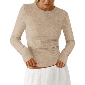 PRETTYGARDEN Womens Long Sleeve Shirts 2026 Ribbed Knit Slim Fitted Basic Tee Casual Going Out Tops Underscrubs Fall Clothing(Khaki)