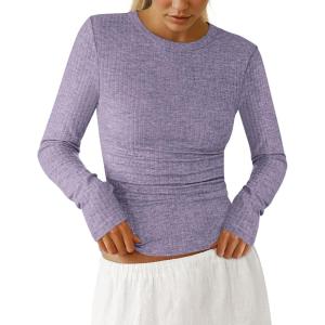 PRETTYGARDEN Womens Long Sleeve Shirts 2026 Ribbed Knit Slim Fitted Basic Tee Casual Going Out Tops Underscrubs Fall Clothing(Purple)