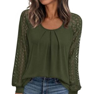 PRETTYGARDEN Womens Long Sleeve Shirts Lace Tops 2026 Spring Fashion Outfits Dressy Casual Blouses Work Clothes(Army Green)