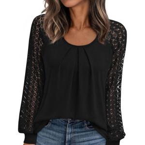 PRETTYGARDEN Womens Long Sleeve Shirts Lace Tops 2026 Spring Fashion Outfits Dressy Casual Blouses Work Clothes(Black)