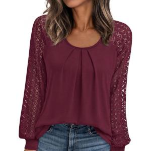 PRETTYGARDEN Womens Long Sleeve Shirts Lace Tops 2026 Spring Fashion Outfits Dressy Casual Blouses Work Clothes(Burgundy)