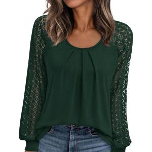 PRETTYGARDEN Womens Long Sleeve Shirts Lace Tops 2026 Spring Fashion Outfits Dressy Casual Blouses Work Clothes(Dark Green)