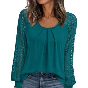 PRETTYGARDEN Womens Long Sleeve Shirts Lace Tops 2026 Spring Fashion Outfits Dressy Casual Blouses Work Clothes(Lake Blue)