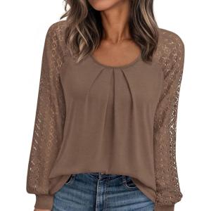 PRETTYGARDEN Womens Long Sleeve Shirts Lace Tops 2026 Spring Fashion Outfits Dressy Casual Blouses Work Clothes(Light Brown)