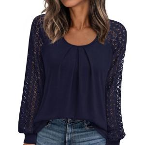 PRETTYGARDEN Womens Long Sleeve Shirts Lace Tops 2026 Spring Fashion Outfits Dressy Casual Blouses Work Clothes(Navy Blue)