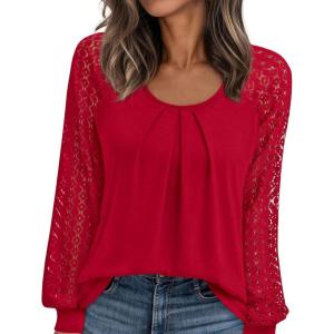 PRETTYGARDEN Womens Long Sleeve Shirts Lace Tops 2026 Spring Fashion Outfits Dressy Casual Blouses Work Clothes(Red)