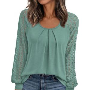 PRETTYGARDEN Womens Long Sleeve Shirts Lace Tops 2026 Spring Fashion Outfits Dressy Casual Blouses Work Clothes(Sage Green)