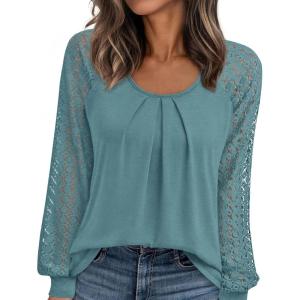 PRETTYGARDEN Womens Long Sleeve Shirts Lace Tops 2026 Spring Fashion Outfits Dressy Casual Blouses Work Clothes(Teal)