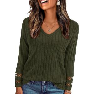 PRETTYGARDEN Women’s Long Sleeve Shirts Ribbed Knit V Neck Tee Dressy Casual Blouses Going Out Tunic Tops 2026 Fall Outfits(Army Green)
