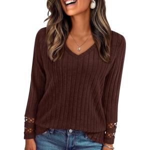 PRETTYGARDEN Women’s Long Sleeve Shirts Ribbed Knit V Neck Tee Dressy Casual Blouses Going Out Tunic Tops 2026 Fall Outfits(Brown)