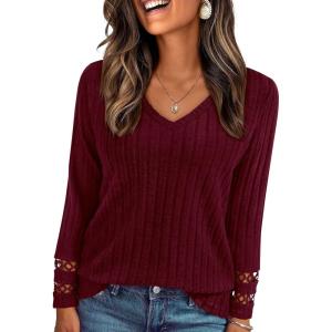 PRETTYGARDEN Women’s Long Sleeve Shirts Ribbed Knit V Neck Tee Dressy Casual Blouses Going Out Tunic Tops 2026 Fall Outfits(Burgundy)