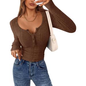 PRETTYGARDEN Women’s Long Sleeve Tops 2026 Spring Fashion Clothes Henley Shirts Slim Fitted Ribbed Tees Blouses Fall Outfits(Brown)