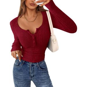 PRETTYGARDEN Women’s Long Sleeve Tops 2026 Spring Fashion Clothes Henley Shirts Slim Fitted Ribbed Tees Blouses Fall Outfits(Burgundy)
