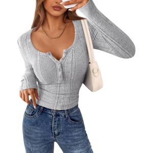 PRETTYGARDEN Women’s Long Sleeve Tops 2026 Spring Fashion Clothes Henley Shirts Slim Fitted Ribbed Tees Blouses Fall Outfits(Light Grey)