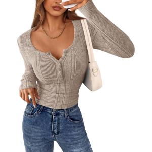 PRETTYGARDEN Women’s Long Sleeve Tops 2026 Spring Fashion Clothes Henley Shirts Slim Fitted Ribbed Tees Blouses Fall Outfits(Light Khaki)
