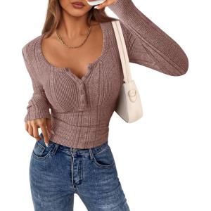 PRETTYGARDEN Women’s Long Sleeve Tops 2026 Spring Fashion Clothes Henley Shirts Slim Fitted Ribbed Tees Blouses Fall Outfits(Pink)
