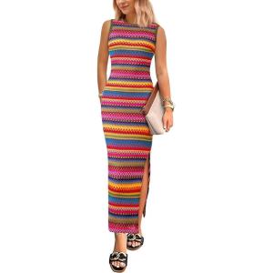 PRETTYGARDEN Womens Maxi Tank Spring Dress Sleeveless Crew Neck Striped Side Slit Casual Long Bodycon Dresses(Army Green)
