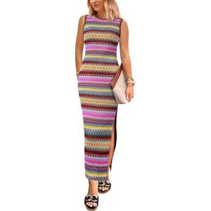 PRETTYGARDEN Womens Maxi Tank Spring Dress Sleeveless Crew Neck Striped Side Slit Casual Long Bodycon Dresses(Brown Red)