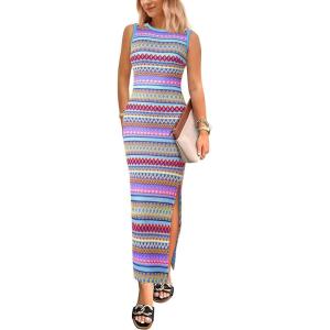 PRETTYGARDEN Womens Maxi Tank Spring Dress Sleeveless Crew Neck Striped Side Slit Casual Long Bodycon Dresses(Light Blue)