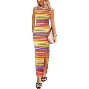 PRETTYGARDEN Womens Maxi Tank Spring Dress Sleeveless Crew Neck Striped Side Slit Casual Long Bodycon Dresses(Yellow)
