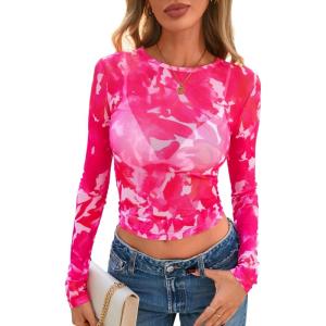 PRETTYGARDEN Women’s Mesh Long Sleeve Spring Top 2026 Trendy Summer See Through Sheer Blouse Fitted Going Out Layering Shirts(Floral Rose Red)