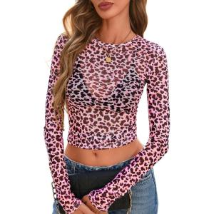 PRETTYGARDEN Women’s Mesh Long Sleeve Spring Top 2026 Trendy Summer See Through Sheer Blouse Fitted Going Out Layering Shirts(Leopard Pink)