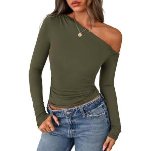 PRETTYGARDEN Womens Off Shoulder Long Sleeve Shirts 2026 Fall Ruched Fitted Asymmetrical Going Out Tops Trendy Y2K Clothes(Army Green)