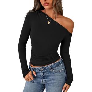 PRETTYGARDEN Womens Off Shoulder Long Sleeve Shirts 2026 Fall Ruched Fitted Asymmetrical Going Out Tops Trendy Y2K Clothes(Black)