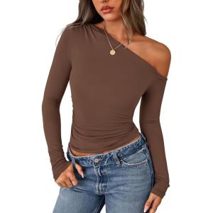 PRETTYGARDEN Womens Off Shoulder Long Sleeve Shirts 2026 Fall Ruched Fitted Asymmetrical Going Out Tops Trendy Y2K Clothes(Brown)