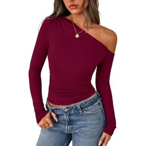 PRETTYGARDEN Womens Off Shoulder Long Sleeve Shirts 2026 Fall Ruched Fitted Asymmetrical Going Out Tops Trendy Y2K Clothes(Burgundy)