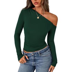 PRETTYGARDEN Womens Off Shoulder Long Sleeve Shirts 2026 Fall Ruched Fitted Asymmetrical Going Out Tops Trendy Y2K Clothes(Dark Green)