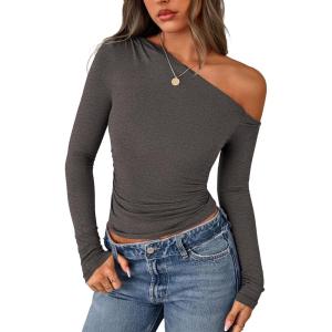 PRETTYGARDEN Womens Off Shoulder Long Sleeve Shirts 2026 Fall Ruched Fitted Asymmetrical Going Out Tops Trendy Y2K Clothes(Dark Grey)