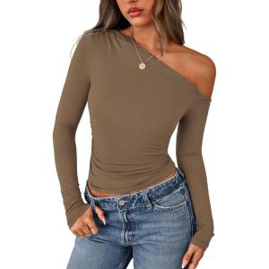 PRETTYGARDEN Womens Off Shoulder Long Sleeve Shirts 2026 Fall Ruched Fitted Asymmetrical Going Out Tops Trendy Y2K Clothes(Khaki)