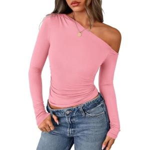 PRETTYGARDEN Womens Off Shoulder Long Sleeve Shirts 2026 Fall Ruched Fitted Asymmetrical Going Out Tops Trendy Y2K Clothes(Pink)