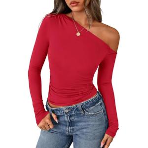 PRETTYGARDEN Womens Off Shoulder Long Sleeve Shirts 2026 Fall Ruched Fitted Asymmetrical Going Out Tops Trendy Y2K Clothes(Red)