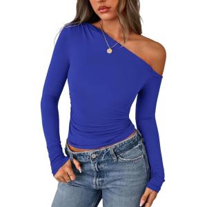 PRETTYGARDEN Womens Off Shoulder Long Sleeve Shirts 2026 Fall Ruched Fitted Asymmetrical Going Out Tops Trendy Y2K Clothes(Royal Blue)