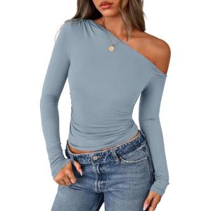 PRETTYGARDEN Womens Off Shoulder Long Sleeve Shirts 2026 Fall Ruched Fitted Asymmetrical Going Out Tops Trendy Y2K Clothes(Sky Blue)